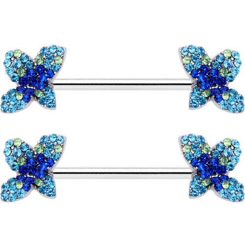 14G 9/16 Blue Gem Glamour Butterfly Barbell Nipple Ring Set
