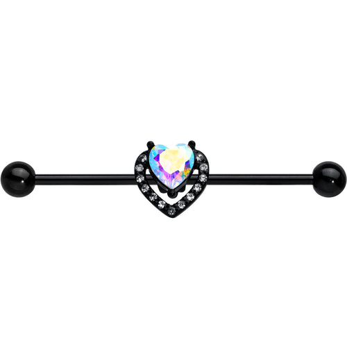 14G Aurora Clear Gem Black Rococo Heart Industrial Barbell 38mm