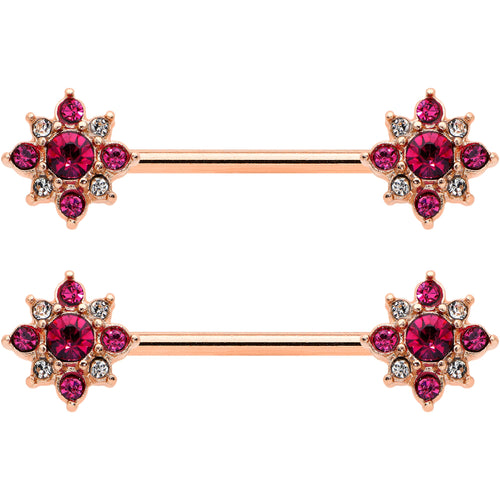 14G Red Gem Rose Gold Tone Rococo Star Barbell Nipple Ring Set