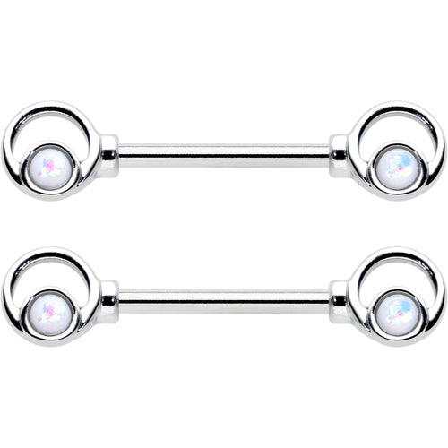 14G 1/2 White Faux Opal Double Circle Barbell Nipple Ring Set