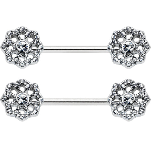 14G 9/16 Clear Gem Epic Fabulous Flower Barbell Nipple Ring Set