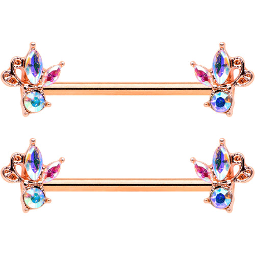 14G 5/8 Aurora CZ Gem Rosy Hue Fleur de Lis Butterfly Barbell Nipple Ring Set