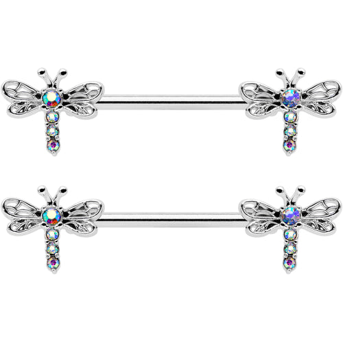 14G 9/16 Aurora Gem Ornate Dragonflies Barbell Nipple Ring Set