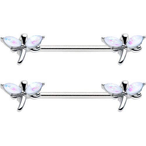 14G 5/8 White Faux Opal Styled Dragonfly Barbell Nipple Ring Set