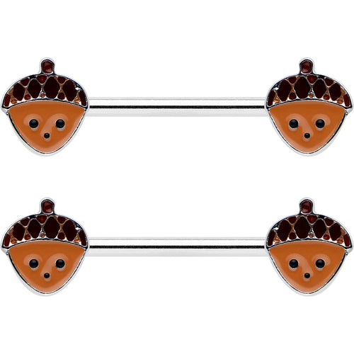 14G 9/16 Autumn Acorn Face Brown Fall Barbell Nipple Ring Set