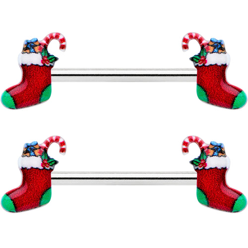 14G 9/16 Cheery Christmas Stocking Red Barbell Nipple Ring Set