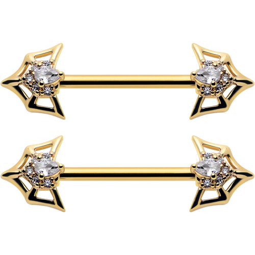 14G 5/8 Clear Gem Gold Tone Spider Bat Barbell Nipple Ring Set
