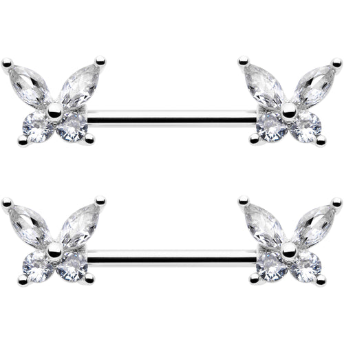 14G 9/16 Clear CZ Gem Butterflies Barbell Nipple Ring Set