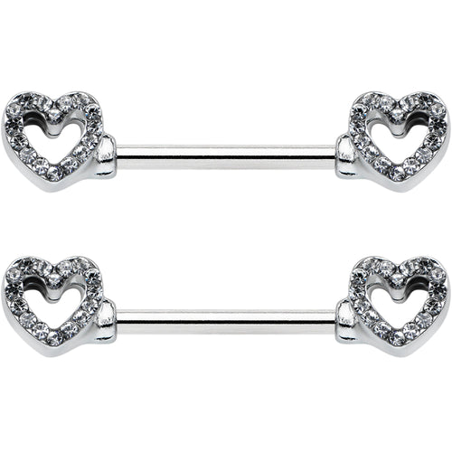 14G 9/16 Clear Gem Open Heart Valentine Barbell Nipple Ring Set