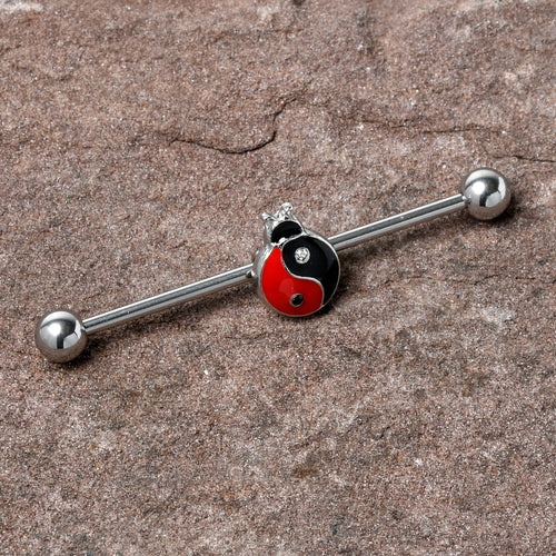 14G Clear Gem Ladybug Yin Yang Industrial Barbell 38mm