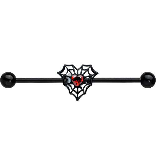 14G Red Gem Black Spider Heart Web Industrial Barbell 38mm