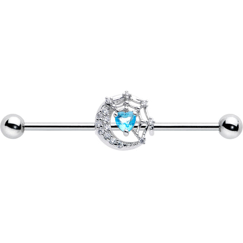 14G Blue CZ Gem Heart Web Moon Industrial Barbell 38mm