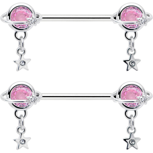 14G 9/16 Pink CZ Gem Starry Saturn Dangle Nipple Ring Set