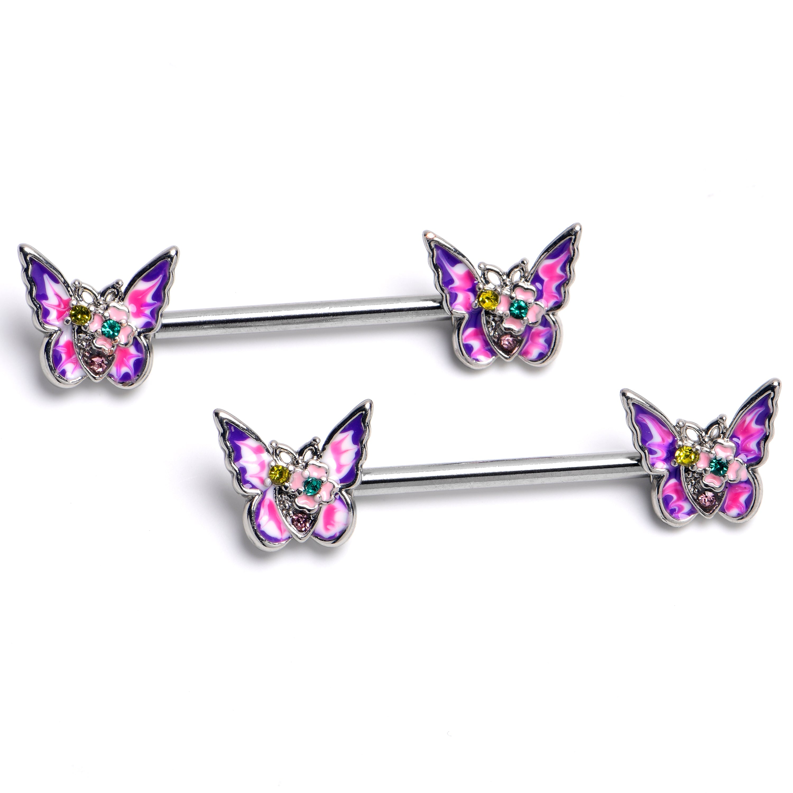 14G 9/16 Yellow Green Gem Exotic Butterflies Barbell Nipple Ring Set