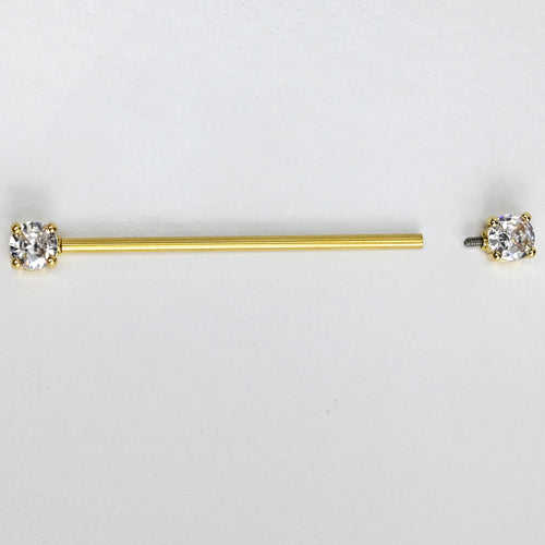 14G Clear Gem Gold Tone Internally Threaded Industrial Barbell 38mm