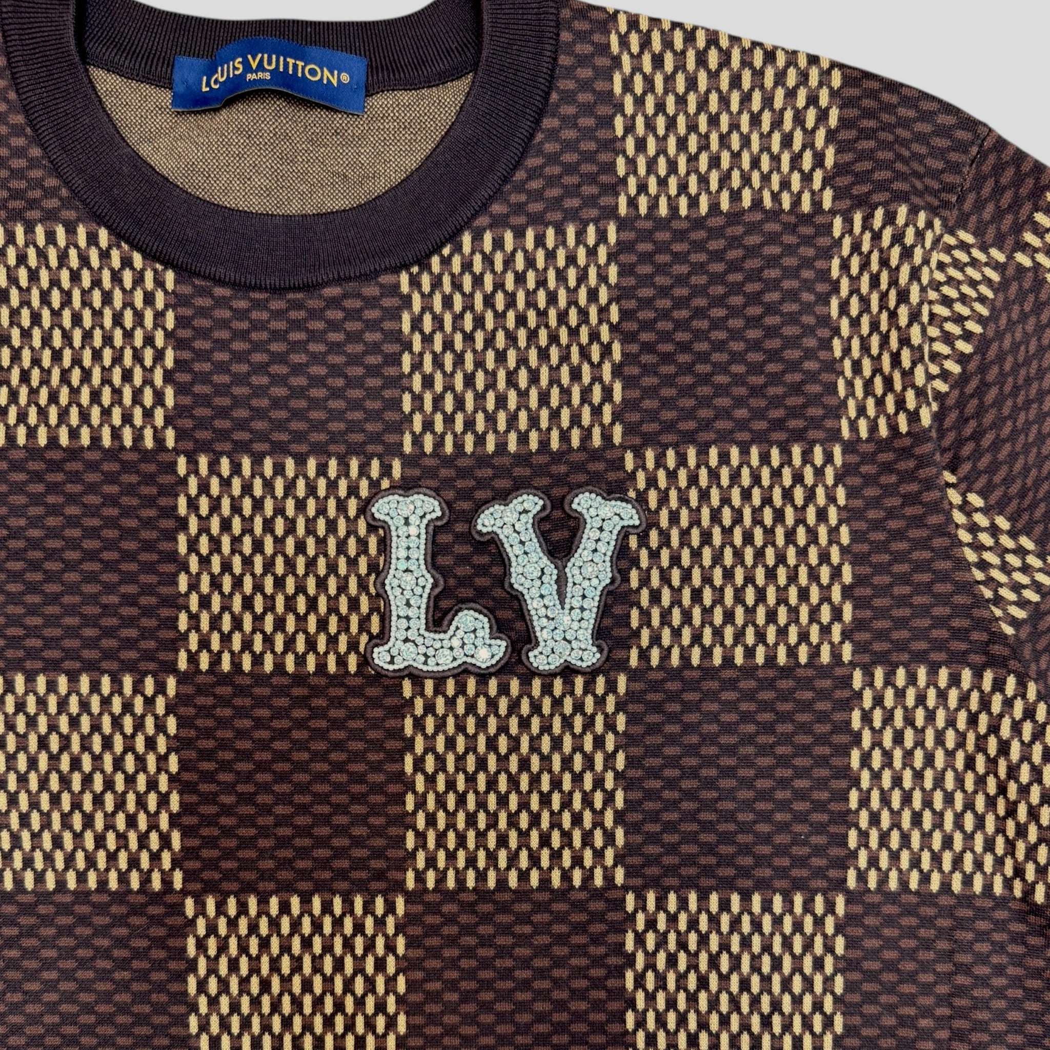 Louis Vuitton Damier Short-Sleeved Crewneck with LV Crystal Patch