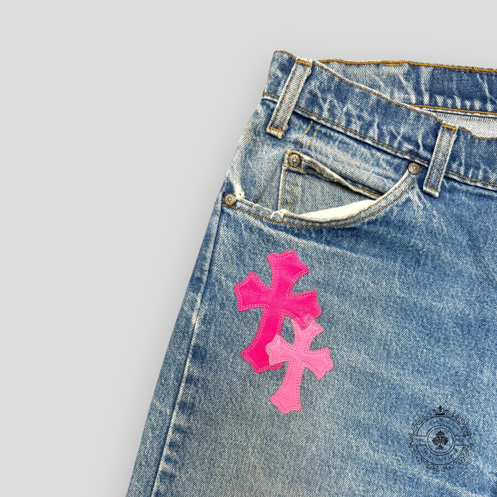 Chrome Hearts Pink Cross Patch Jeans