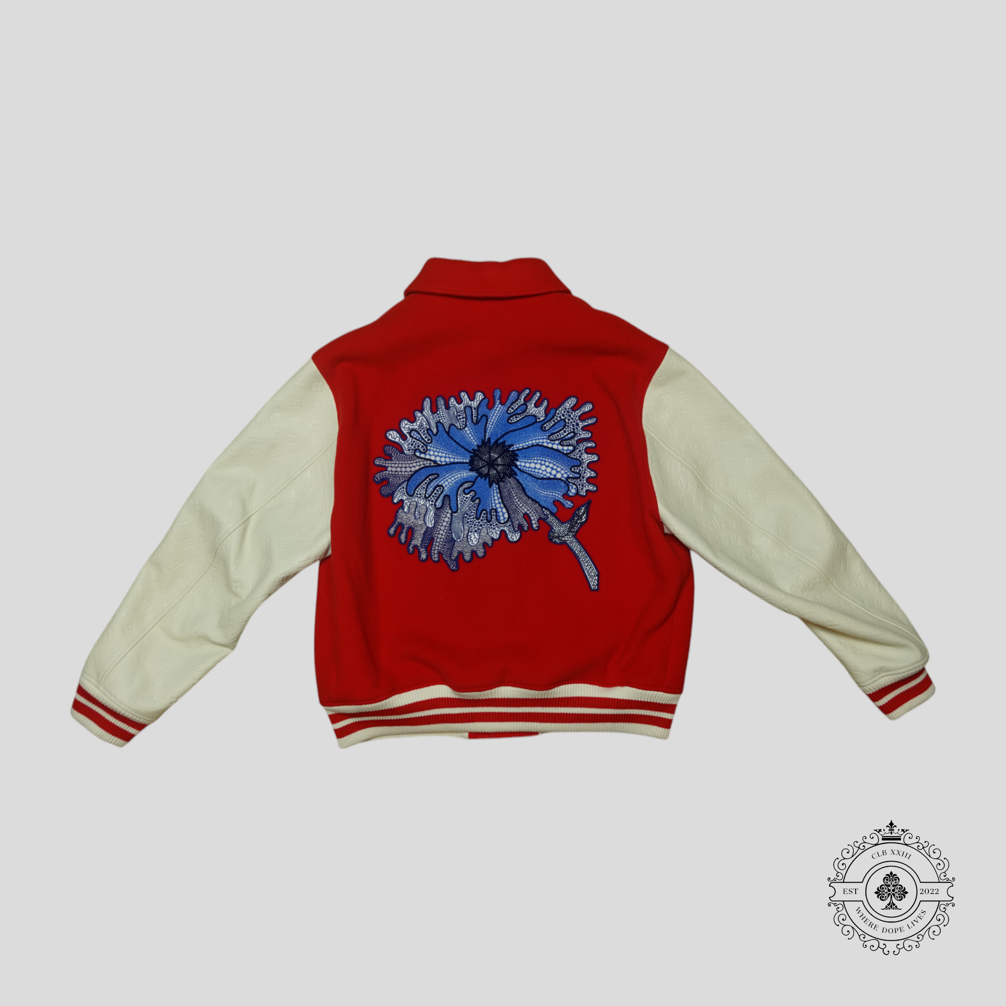 Louis Vuitton x Yayoi Kusama Psychedelic Flower Embossed Monogram Sleeve Varsity Jacket in Red/White