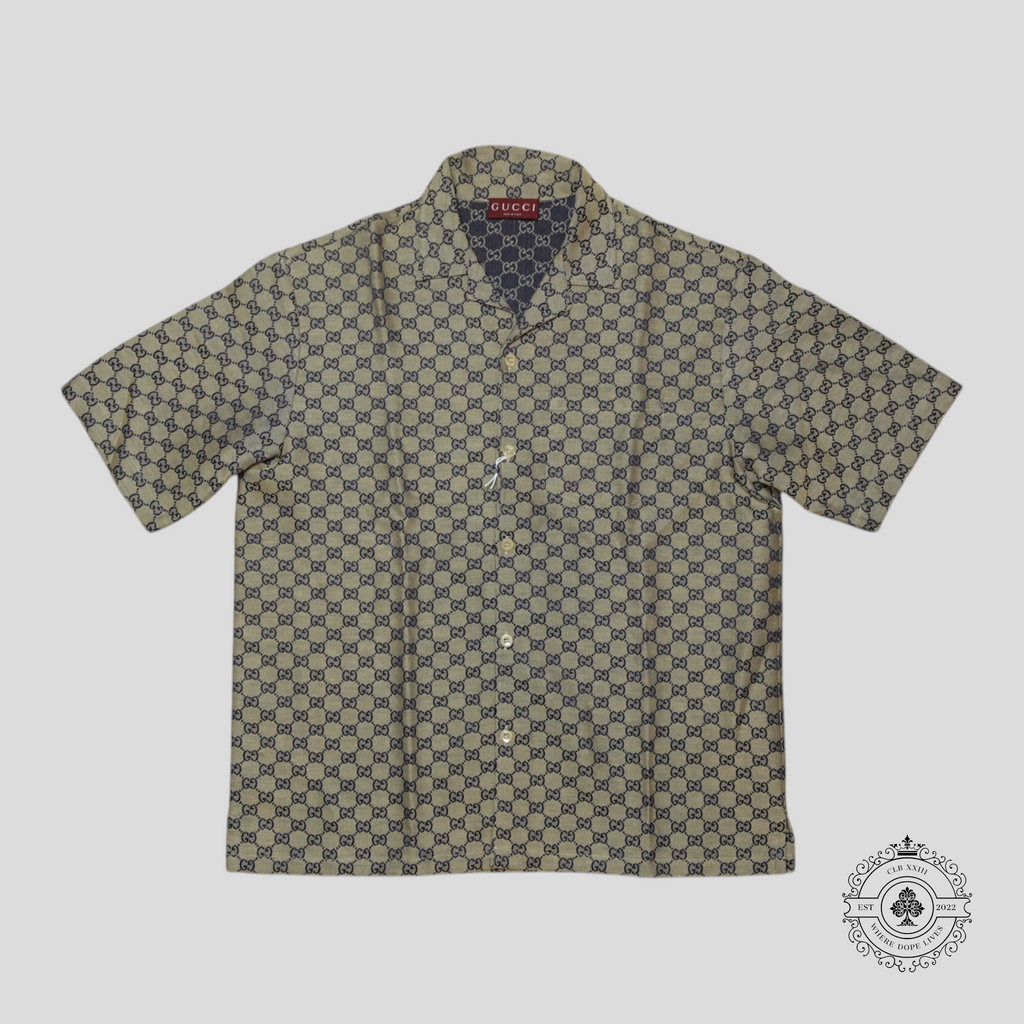 Gucci Summer GG Supreme Button Up Shirt in Brown/Blue