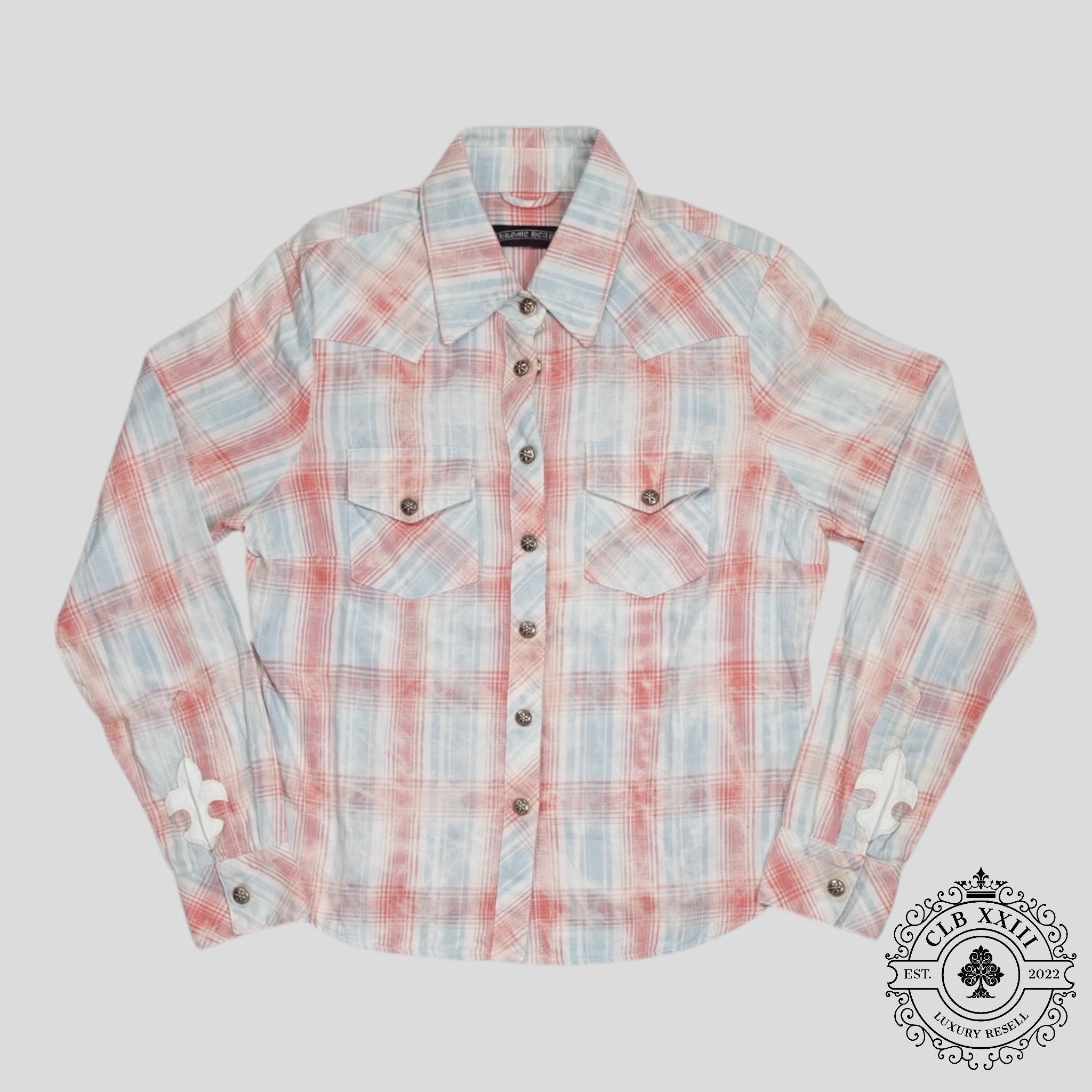 Chrome Hearts Women's Fleur Patch Flannel Shirt in Red/Blue