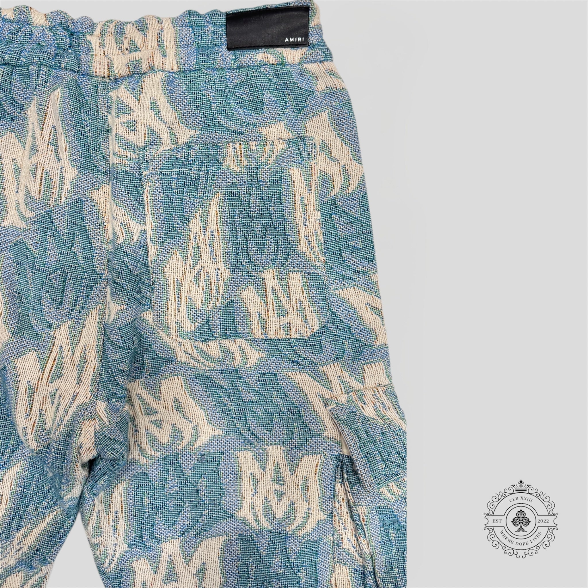 Amiri Ma Tapestry Cargo Flare Pants in Blue