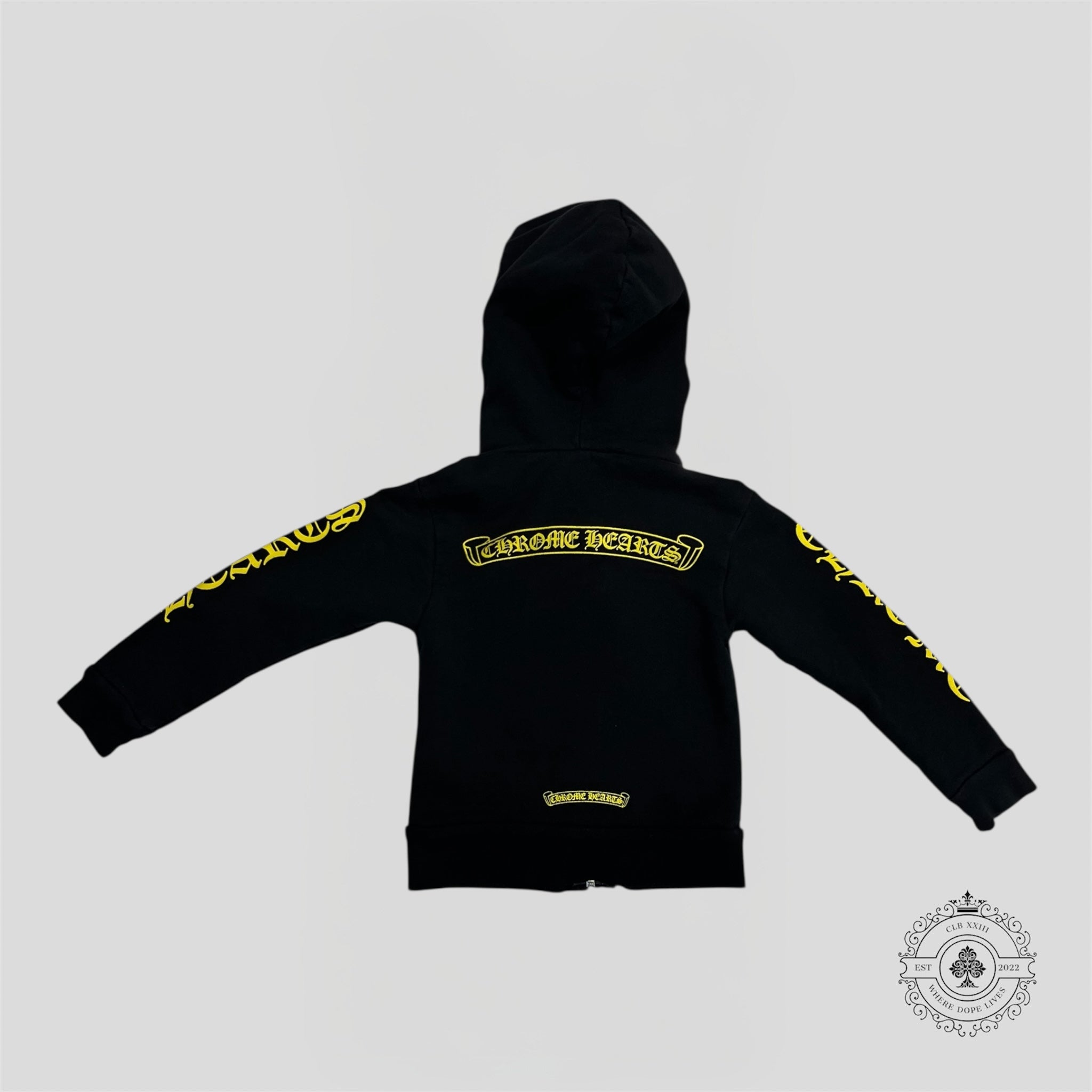 Chrome Hearts Scroll Logo Zip Up Kids Hoodie in Black/Yellow