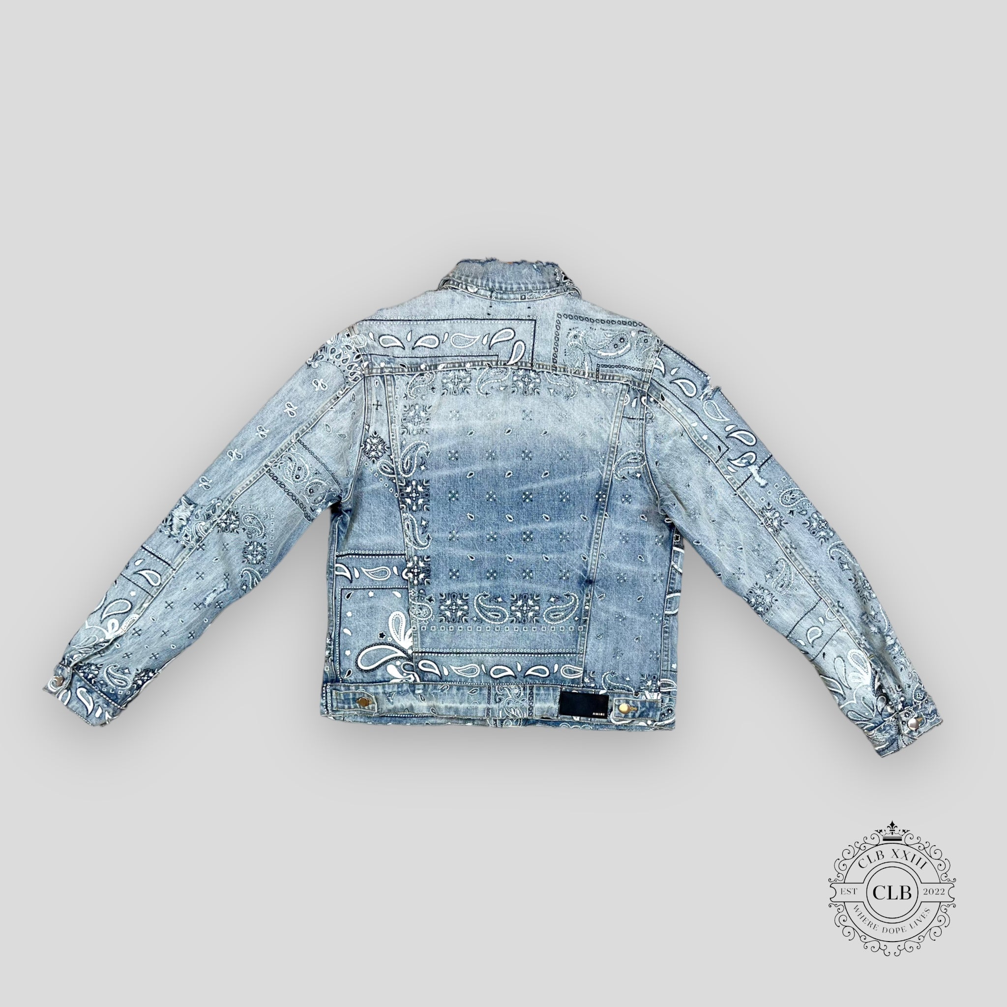 Amiri Screen Print Bandana Trucker Jacket Clay Indigo
