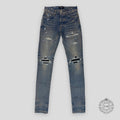 Amiri MX1 Black Leather Patch Jeans in Clay/Indigo