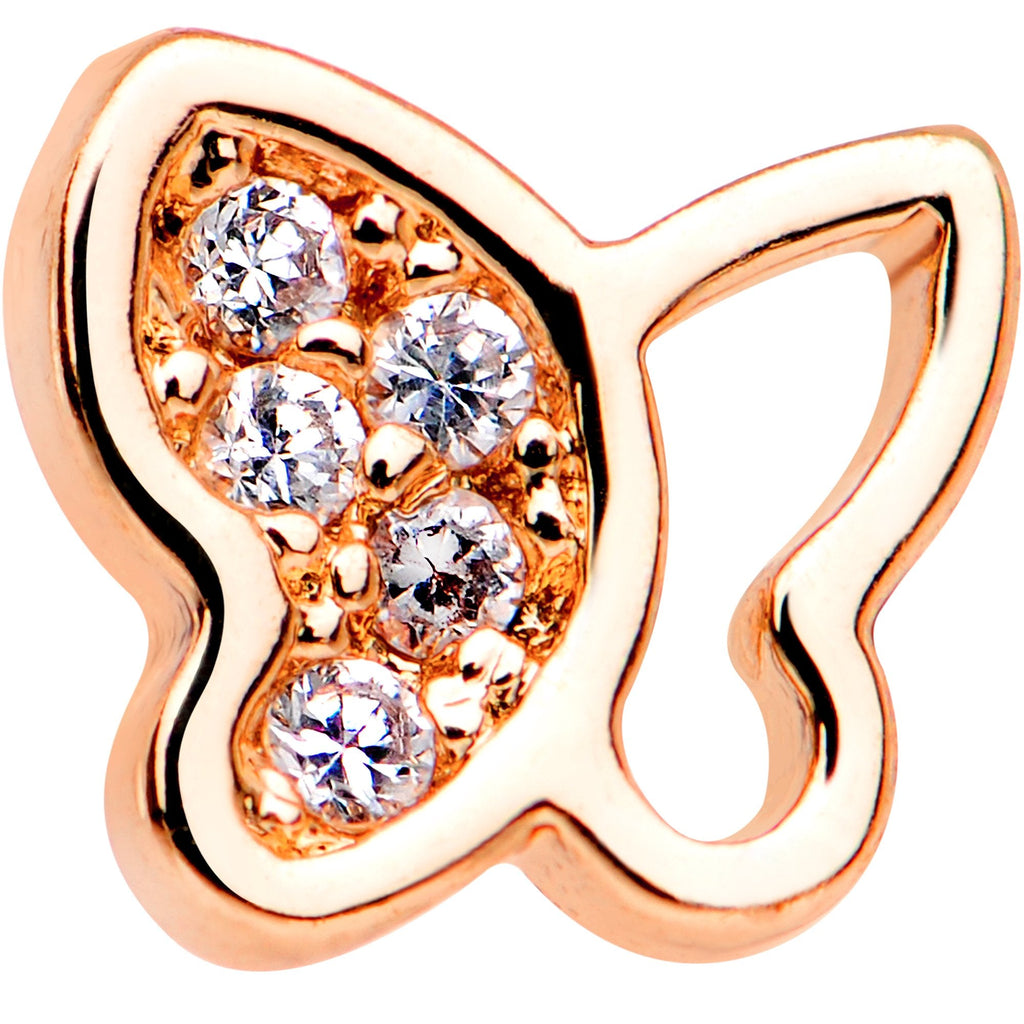 20G 1/4 Clear CZ Gem Rose Gold Tone Butterfly L Shaped Nose Ring